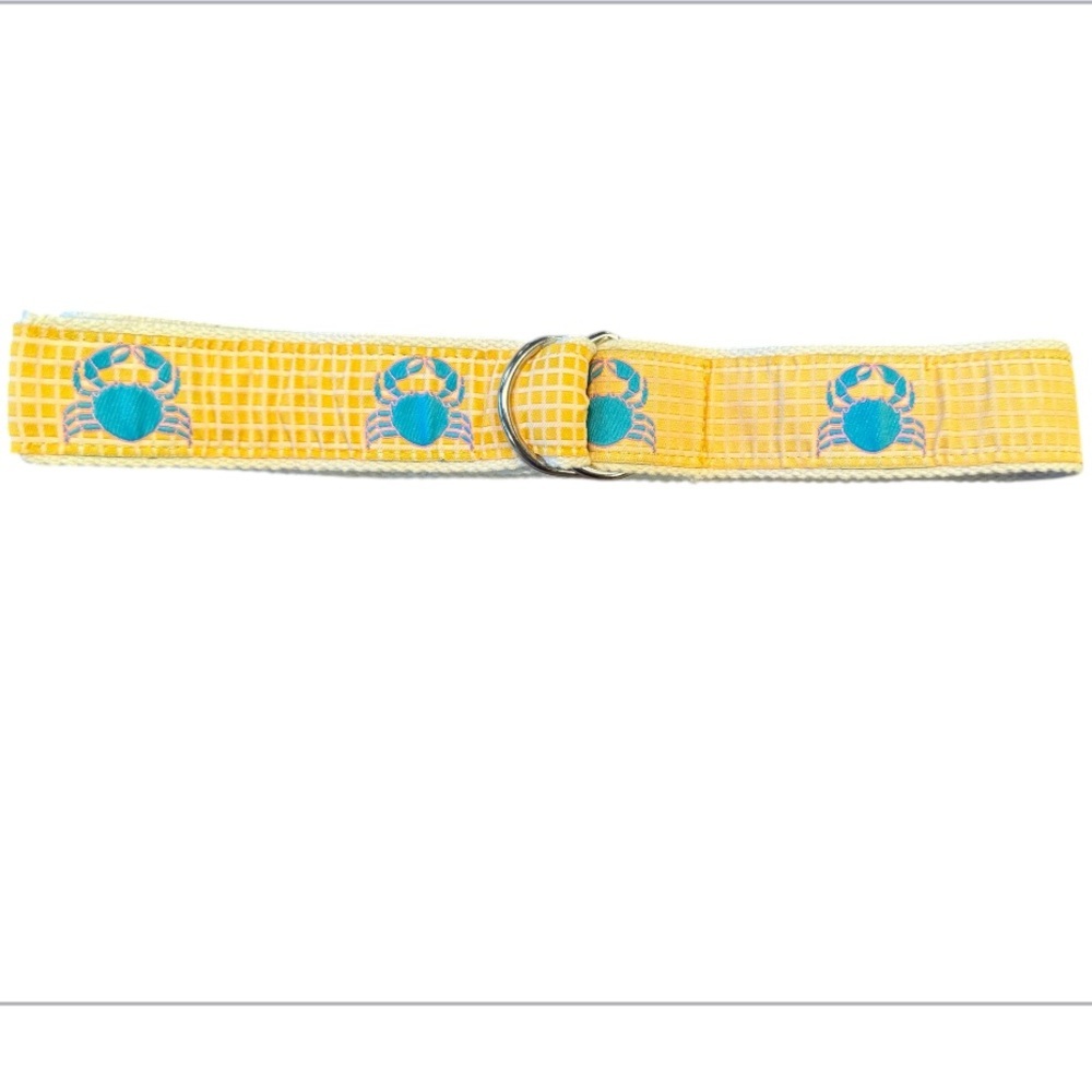 Douglas Paquette Yellow/Blue Crab Canvas D Ring Belt 1.5” Women’s Small